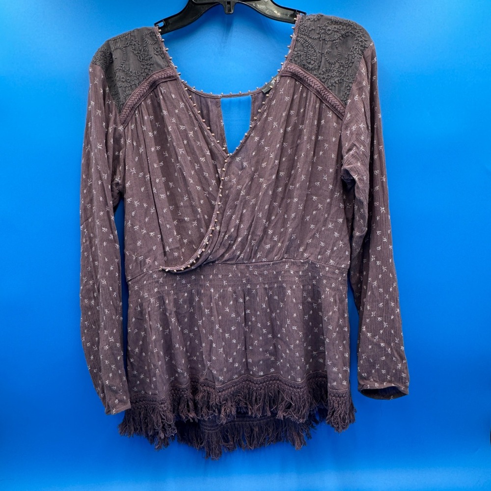 Miss Me Boho Long Sleeve Fringe Hem Floral Top Dark Purple Size‎ L